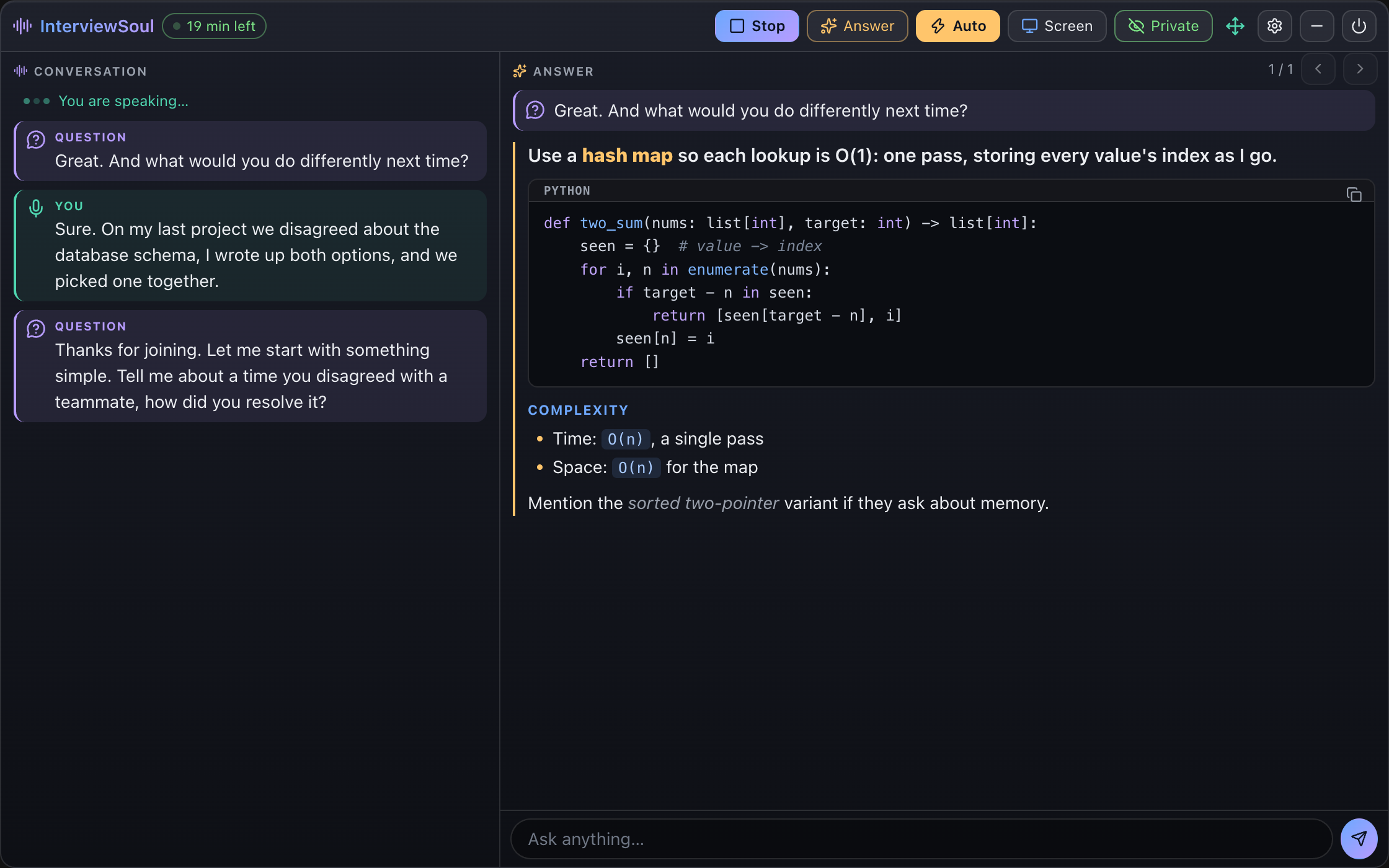 The InterviewSoul window during a call: the conversation on the left and, on the right, an answer to a coding question with highlighted Python code.